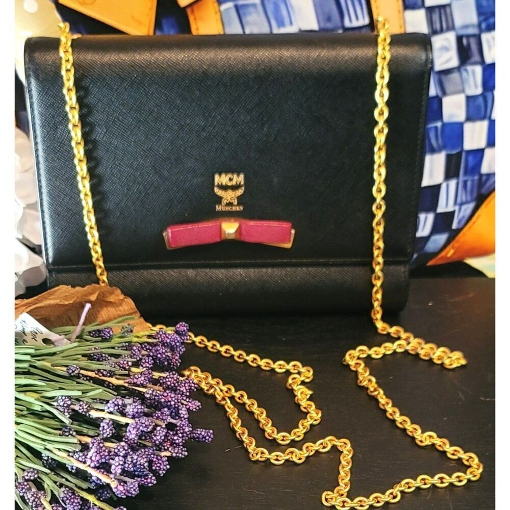 MCM Black Leather Crossbody with Gold Chain and Pink Bow